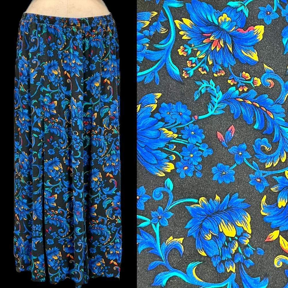 VINTAGE 80s bold dark moody floral scroll long maxi skirt elastic pull on waist